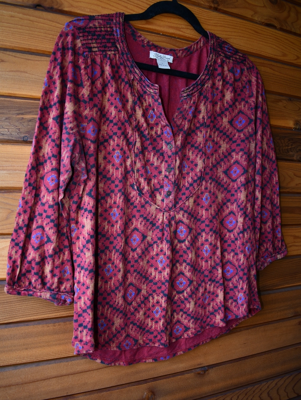 Lucky Brand Multicolor Red Boho Aztec Tribal Blouse Linen Blend